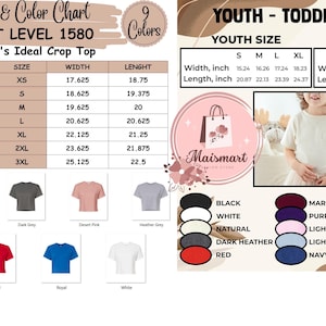 Puede incluir: Tabla de tallas y colores para crop tops Next Level 1580 y camisetas para j&oacute;venes/ni&ntilde;os peque&ntilde;os. Incluye medidas en pulgadas para varias tallas, con una paleta de colores que incluye negro, blanco y otros tonos. Una ni&ntilde;a modela una camiseta.