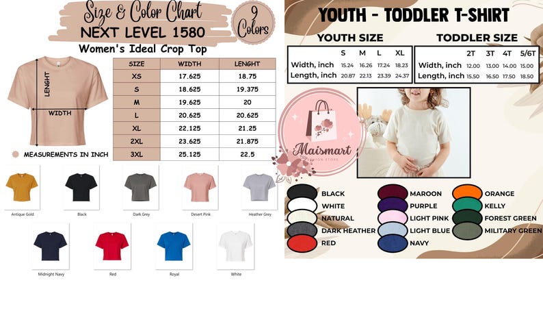 Puede incluir: Tabla de tallas y colores para crop tops Next Level 1580 y camisetas para j&oacute;venes/ni&ntilde;os peque&ntilde;os. Incluye medidas en pulgadas para varias tallas, con una paleta de colores que incluye negro, blanco y otros tonos. Una ni&ntilde;a modela una camiseta.