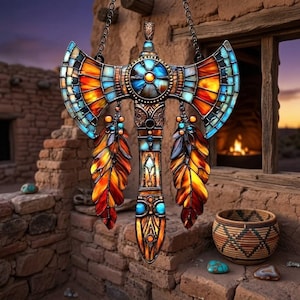 May include: A stained glass axe pendant with a Native American design. The pendant features a colorful mosaic of blue, orange, and yellow glass, with decorative feathers and turquoise accents. It hangs from a chain and is set against a rustic background.