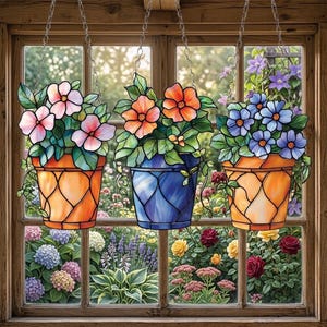 May include: Three stained glass hanging flower pots with pink, orange, and blue flowers. The pots are orange and blue, with a diamond pattern. The background is a wooden window with a garden view.