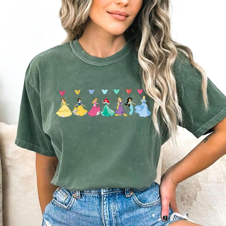 Comfort Colors® Disney Princess Mickey Balloons T-Shirt, Snow White, Belle, Aurora, Ariel, Rapunzel, Jasmine & Elsa Shirt image 1