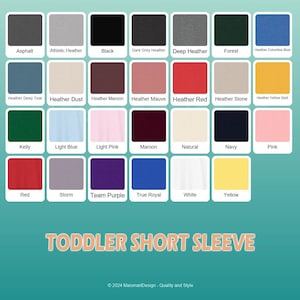 May include: A color chart displaying various shades of toddler short sleeve shirts. Colors include Asphalt, Black, Red, and Yellow. The text "TODDLER SHORT SLEEVE" is displayed in large font. The image is labeled with the copyright information.