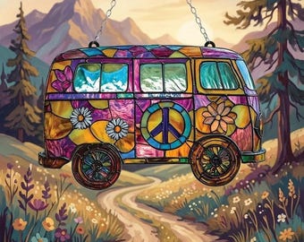 Retro 70s Hippie Van Faux Stained Glass Suncatcher, Peace Sign Acrylic Window Hanging, Flower Power Bus Hippie Decor