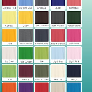 May include: A color chart featuring a variety of t-shirt colors, including Antique Irish Green, Antique Orange, and Azalea. The chart displays the colors in a grid format, with the text "UNISEX T-SHIRT GILDAN 5000" at the bottom.