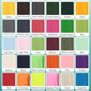 May include: A color chart for kid's t-shirts, featuring a variety of colors like red, blue, green, and pink. Each color is displayed in a square with the color name below. The text "KID TSHIRT" is visible at the bottom.