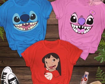 T-shirt grand visage Disney Lilo & Stitch, chemise enfant, design assorti au costume, chemise famille Disneyland, t-shirt couple Stitch et ange