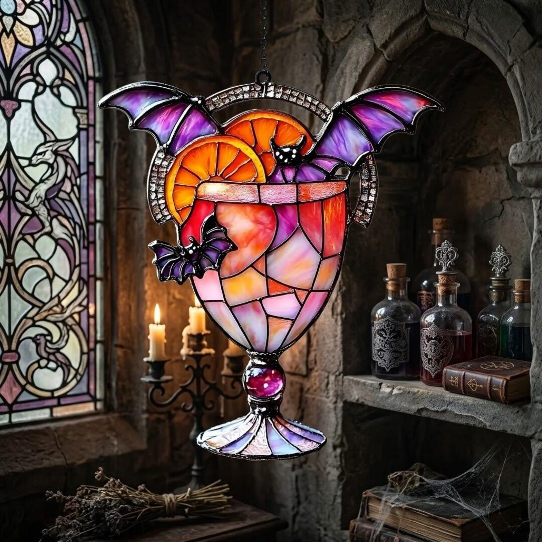 Pink Purple Bat Candy Goblet Acrylic Suncatcher, Gothic Faux Stained ...