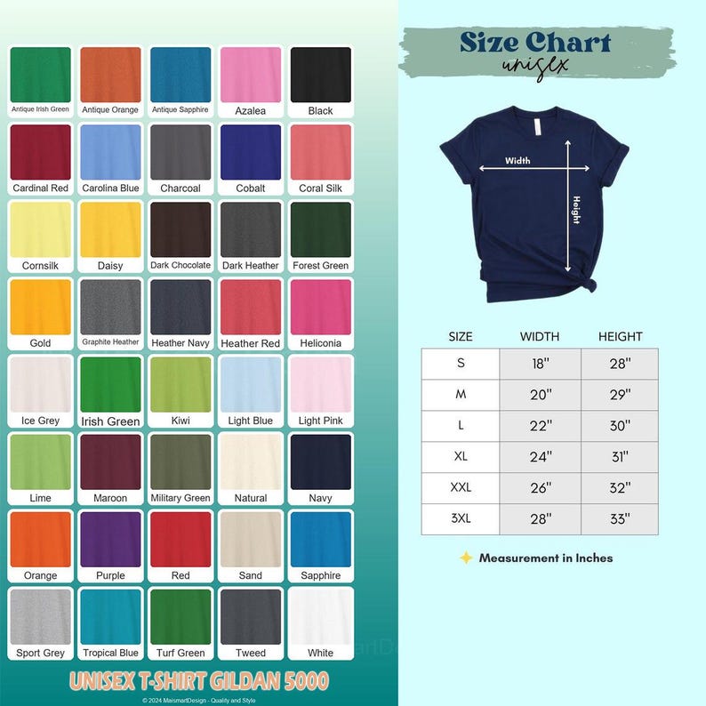 May include: A color chart for unisex Gildan 5000 t-shirts, featuring a variety of colors like green, orange, blue, pink, and black. A navy blue t-shirt is shown with a size chart indicating width and height measurements in inches. The text "UNISEX T-SHIRT GILDAN 5000" is at the bottom.