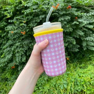 Pink Plaid Drink Sleeve / Iced Coffee Coozie / Neoprene Cozie