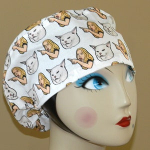 Woman/Cat Meme  Euro Surgical Scrub Cap with Toggle Food Service Cap/Dental Scrub Cap/Women Scrub Cap/Medical Scrub Cap