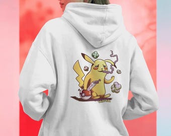May include: White hoodie featuring a graphic of a yellow cartoon character with a bong and smoke clouds. The character is holding the bong and exhaling smoke. The hoodie has a drawstring hood and long sleeves.