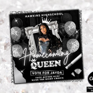 Könnte beinhalten: Schwarz-weiß Homecoming Queen-Poster mit einer Frau in einem silbernen Rahmen, umgeben von Ballons. Der Text enthält "Hawkins Highschool", "Homecoming Queen", "Vote for Jayda" und "Vote before 01/04".