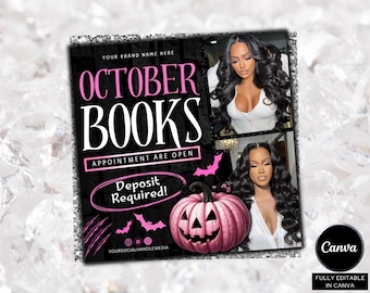 October Booking Flyer, Halloween Booking Flyer, October Books Open, Spooky SZN Flyer, Hair Braids Nails MUA Lash Locs Wig, Canva Editable