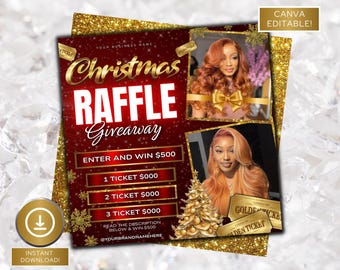 Christmas Raffle Giveaway flyer, Holiday Raffle  Flyer, Book Now Flyer, December Raffle Flyer, Lash, Hair, Makeup, Nails, Wig Flyer, Canva