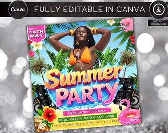 Flygblad för sommarfest, flygblad för poolparty, flygblad för sommarlovsfest, flygblad för sommarevenemang, flygblad för strand, mall för gör-det-själv-flyer, redigerbar i Canva