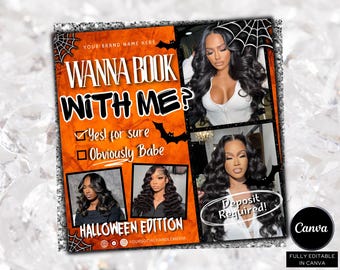 May include: A promotional flyer with an orange and black Halloween theme. The text "WANNA BOOK WITH ME?" is prominent, with options to select "Yes! for sure" or "Obviously Babe." The flyer includes images of women with long, wavy hair. The words "HALLOWEEN EDITION" and "Deposit Required!" are also visible.