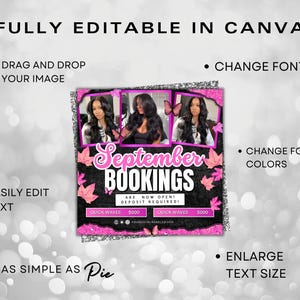 May include: A promotional graphic for September bookings, featuring three images of a woman with long hair. The design includes pink accents, text that reads "September Bookings," and the phrase "Fully Editable in Canva."