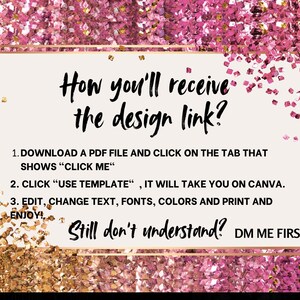 May include: A cream-colored rectangular sign with gold trim and black text on a pink glitter background. The text reads "How you'll receive the design link?" followed by instructions and a call to action: "DM ME FIRST!"