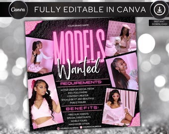 Folleto de modelo de belleza, se busca influencer de marca, embajador de marca, se busca modelo de trenzas, plantilla de Canva DIY, modelo de maquillaje con trenzas de pestañas