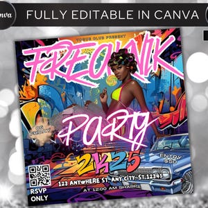 May include: A vibrant party flyer with the text "FREONIK PARTY" in pink graffiti-style lettering. The flyer features a woman holding a lollipop, a classic car, and graffiti art. The flyer includes the text "FULLY EDITABLE IN CANVA".