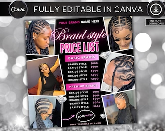 Lista de precios de trenzas, guía de precios de peinados con trenzas, diseño de plantillas de volantes para hacer uno mismo, hoja de precios de salones de belleza, lista de precios de uñas y pestañas prefabricadas