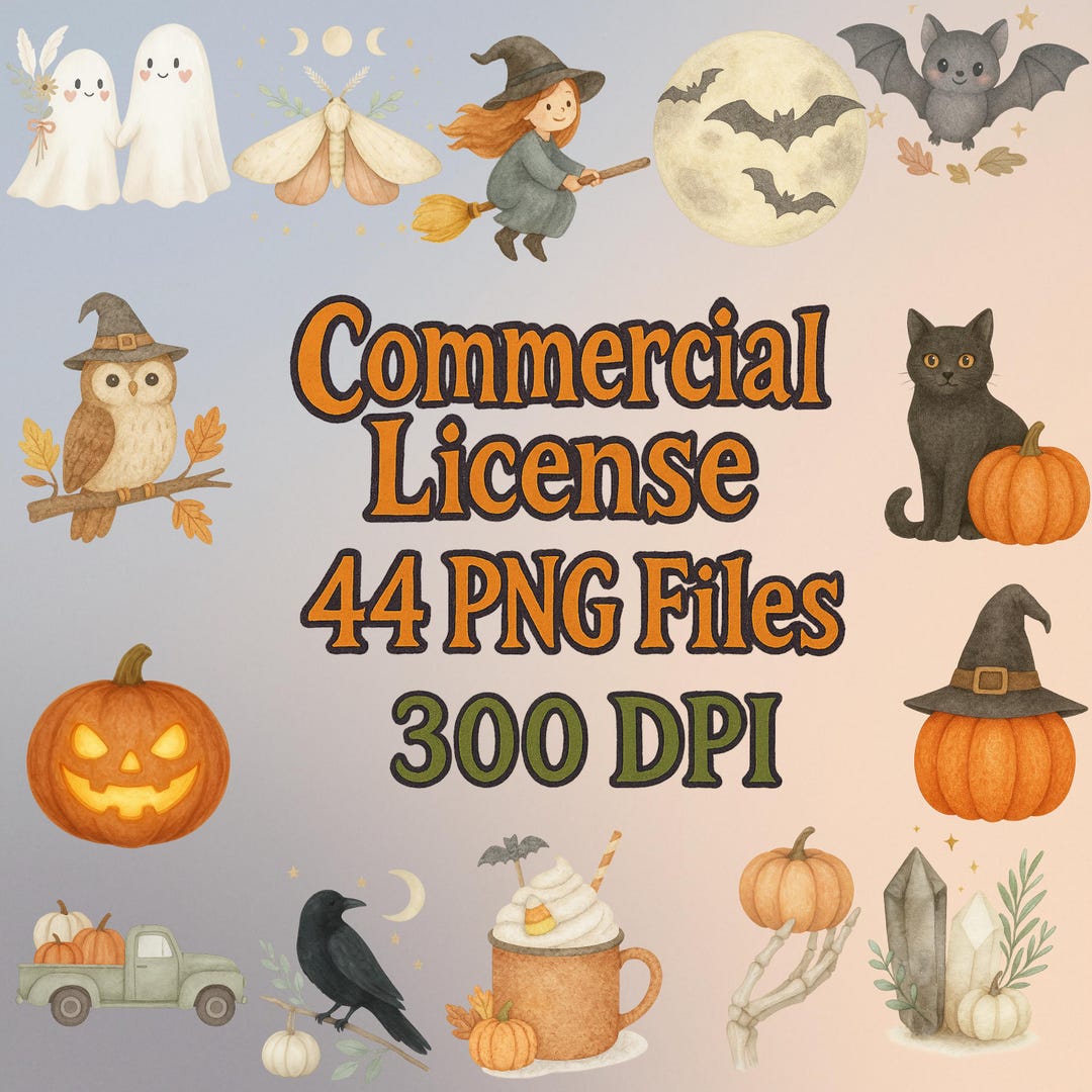 Watercolor Halloween Clipart – 44 PNG Bundle, Pumpkin, Witch (digital ...