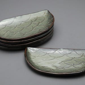 Vintage Japanese Pottery Set of 5 | Half Moon Crescent Plates | Green Glaze Wave Scale Pattern | Artisan Sushi Dessert Dishes Handmade 20cms