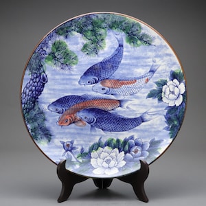Large Japanese Porcelain Plate | Arita Warishima | Koi Fish Pond | Vintage Japan Dish | Blue White Pottery | Pine Peony Decorative Displays