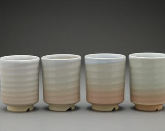 Hagi Yaki Pottery Tea Cup | Japanese Yunomi | Pink Gradient White Glaze | Handmade Pottery | Wabi Sabi Style Teaware | Minimalist Kirikodai