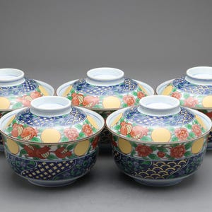 Japanese Arita Imari Bowls set of 5 with Lids | Porcelain Rice Bowl | Vintage Japan Tableware | Antique Soup Bowl Made in Japan Handmade Art