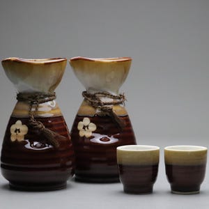 Japanese Sake Set | 4 Piece | 2 Tokkuri | 2 Ochoko | Vintage Pottery | Brown Glaze | Ume Plum Flower | Rustic | Serving ware | Home Bars