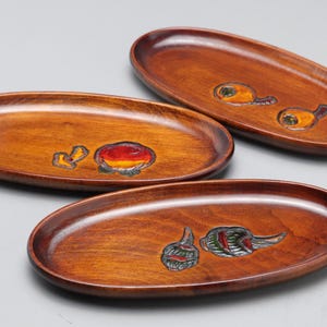 Japanese Vintage | Ujohbori | Wood Carving | Oshiborri Tray | Set of 3 | Urushi Lacquerware | Handcrafted | Oval Plate | Kitchen Tableware