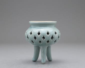 Celadon Incense Burner | Tripod Koro | Japanese Porcelain | Pierced Pottery | Green Asian Antique | Home Decor | Meditatoion Insert Catcher