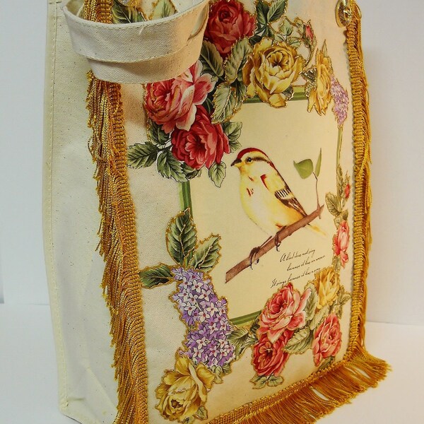 Canvas Tote Bag Custom Hand Painted Floral Bird Fabric Appliques Gold Fringe and Pendant Embellishment