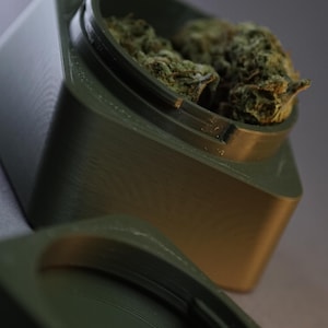 May include: An olive green, rectangular container with a lid, partially open to reveal dried green buds. The container has a textured surface and a minimalist design, suggesting storage for herbs or similar items.