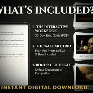 May include: Digital download graphic with the text "WHAT'S INCLUDED?" and a list of items: an interactive workbook, wall art trio, and a certificate. The image includes a tablet displaying text and three art prints.