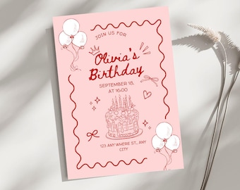 Modèle d'invitation d'anniversaire coquette rose en téléchargement numérique