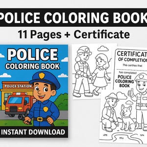 Police Coloring Book for Kids – 11 Pages + Certificate – Printable Digital Download