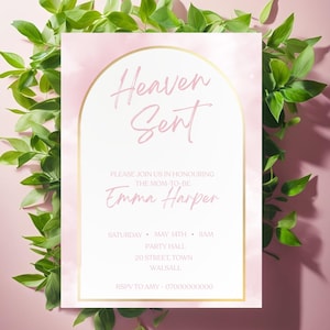 Heaven Sent Baby Shower Invitation: Pink Clouds, Editable Template (Digital Download)