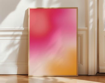 Arte mural con aura en degradado rojo, rosa y naranja: descarga digital de paisaje abstracto, póster horizontal imprimible, estilo escandinavo minimalista.