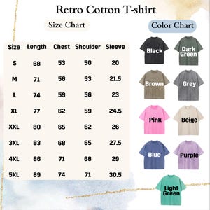 May include: A chart displaying size and color options for a Retro Cotton T-shirt. The size chart includes measurements for length, chest, shoulder, and sleeve in centimeters. Color options include black, dark green, brown, grey, pink, beige, blue, purple, and light green.