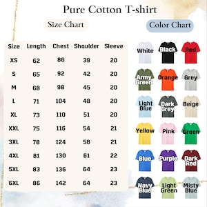 May include: Image of a pure cotton t-shirt size and color chart. The size chart includes measurements for length, chest, shoulder, and sleeve in centimeters. The color chart displays various t-shirt colors, including white, black, red, and more.