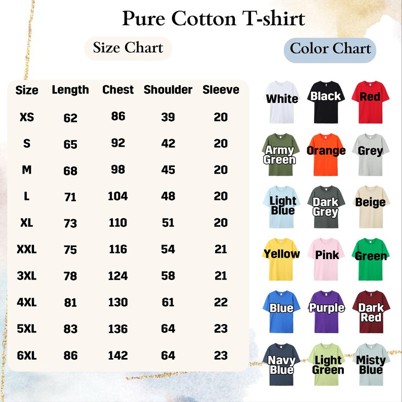May include: Image of a pure cotton t-shirt size and color chart. The size chart includes measurements for length, chest, shoulder, and sleeve in centimeters. The color chart displays various t-shirt colors, including white, black, red, and more.