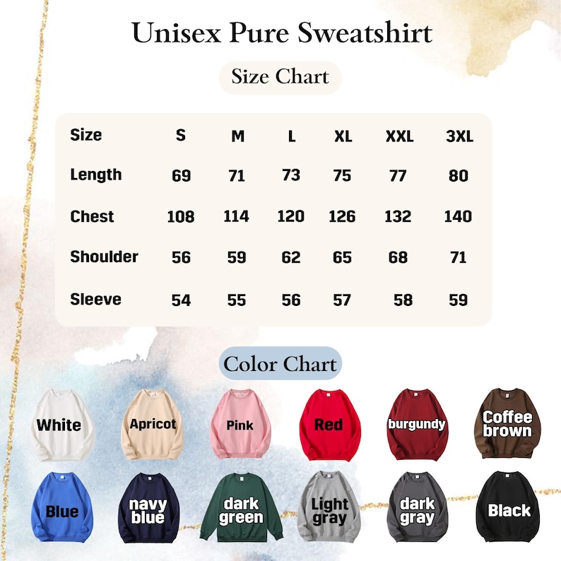May include: A chart displaying size and color options for a unisex pure sweatshirt. The size chart includes measurements for length, chest, shoulder, and sleeve in centimeters. Color options include white, apricot, pink, red, burgundy, coffee brown, blue, navy blue, dark green, light gray, dark gray, and black.