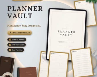 May include: A digital planner set titled Planner Vault featuring a tablet displaying a cover page, multiple printable PDF sheets including a daily planner and habit tracker, a black pen, and stacked notebooks on a light background.