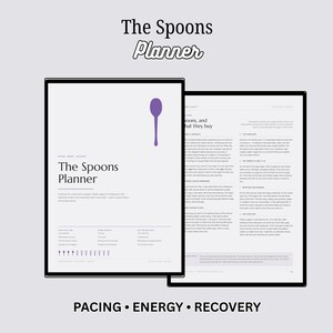 Op de afbeelding: Een digitale planner getiteld The Spoons Planner met een paars lepelicoon op de omslag. De lay-out bevat tekstsecties voor pacing, energie en herstel, met een lijst van dagelijkse taken en een rij kleine lepeliconen onderaan de pagina.