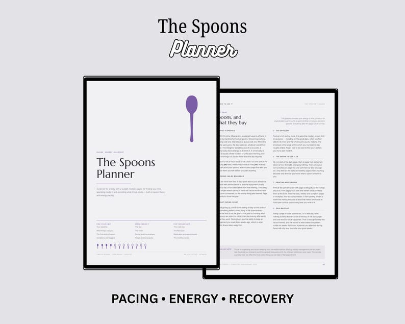 Op de afbeelding: Een digitale planner getiteld The Spoons Planner met een paars lepelicoon op de omslag. De lay-out bevat tekstsecties voor pacing, energie en herstel, met een lijst van dagelijkse taken en een rij kleine lepeliconen onderaan de pagina.