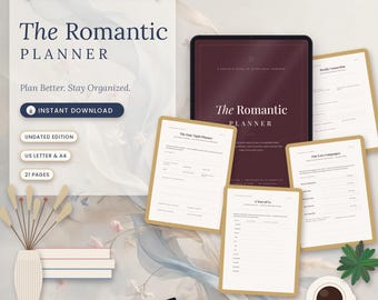 May include: A digital planner titled The Romantic Planner with a dark maroon tablet screen, multiple white printed pages including The Date Night Planner and Our Love Languages, a black pen, a white vase with dried stems, and a coffee cup.