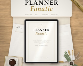 May include: A digital tablet displaying a planner cover titled Planner Fanatic from The Luxe Planning Collection, surrounded by printed weekly and daily planning sheets, a cup of coffee, a pen, and decorative dried foliage.
