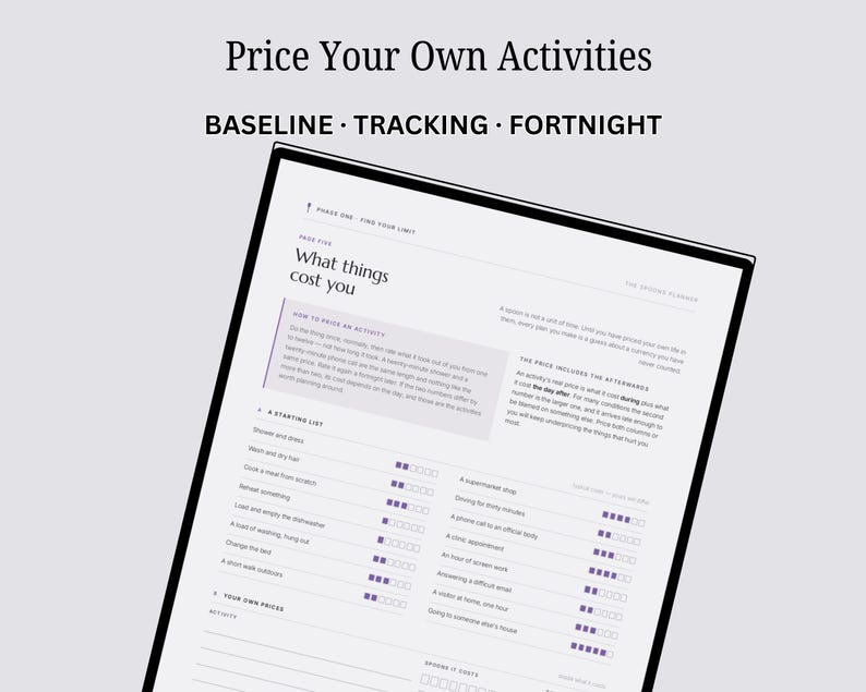 Op de afbeelding: Een witte plannerpagina met de titel Price Your Own Activities en de ondertitel BASELINE TRACKING FORTNIGHT. De pagina bevat een sectie getiteld What things cost you, instructies voor het prijzen van een activiteit en een takenlijst met paarse vierkante selectievakjes voor tracking.